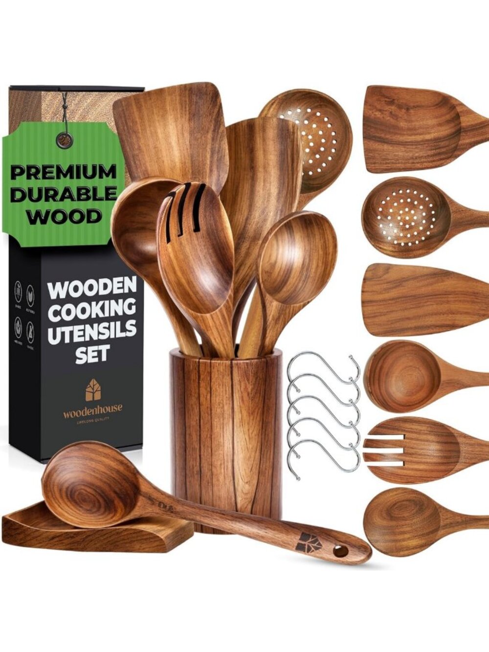 8-Piece Teak Wooden Cooking Utensil Set with Holder - Eco-Friendly Kitchen Tools